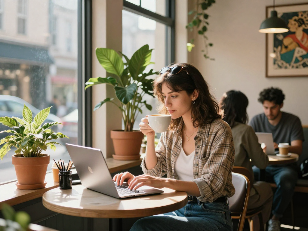 Hình ảnh cô gái gọi đang ngồi tại quán cà phê, làm việc trên laptop.
