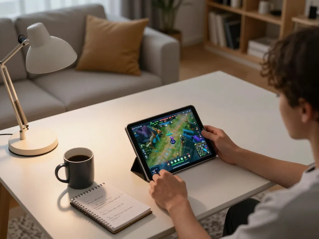Berpartisipasi dalam mejavip togel online dengan tablet di pengaturan permainan rumah yang nyaman, menampilkan catatan permainan strategis dan suasana hangat