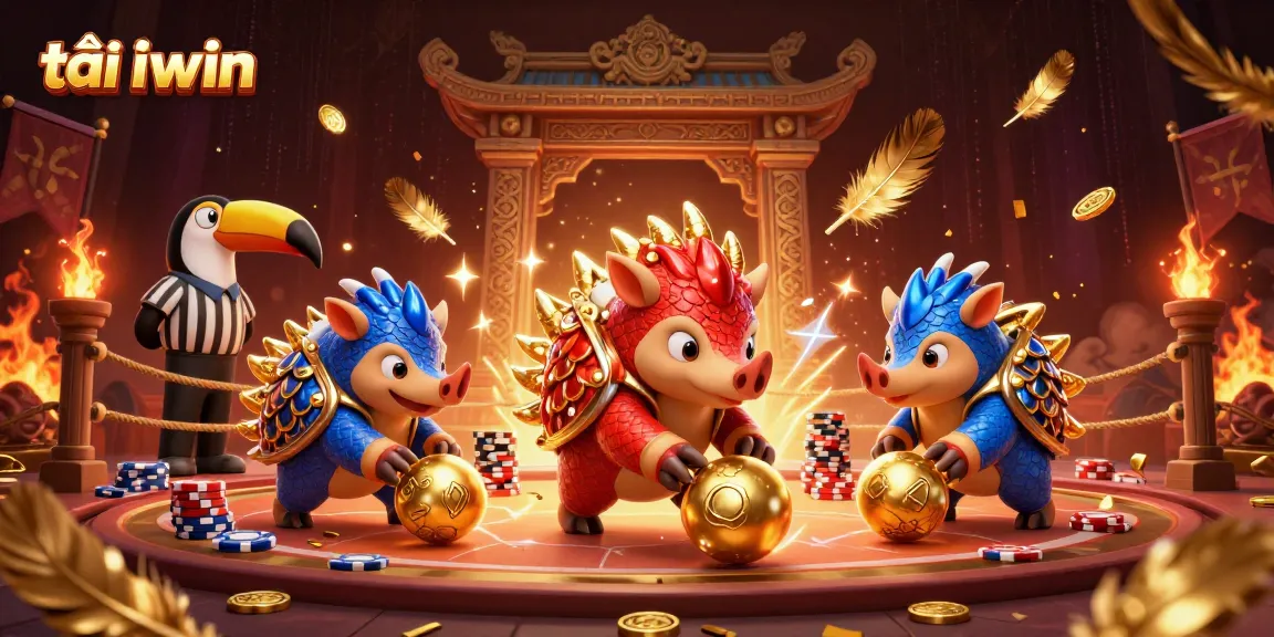 Compete and win in the vibrant world of tải iwin, featuring pangolins battling through poker chips.