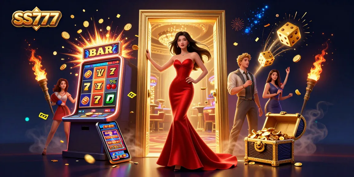 Experience exhilarating gaming at SS777 with a glamorous casino scene filled with jackpots and vibrant elements.