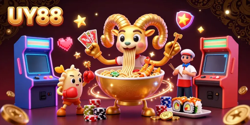 Experience the excitement of UY88 with a vibrant 3D casino theme featuring characters like a golden ramen dealer and animated elements.