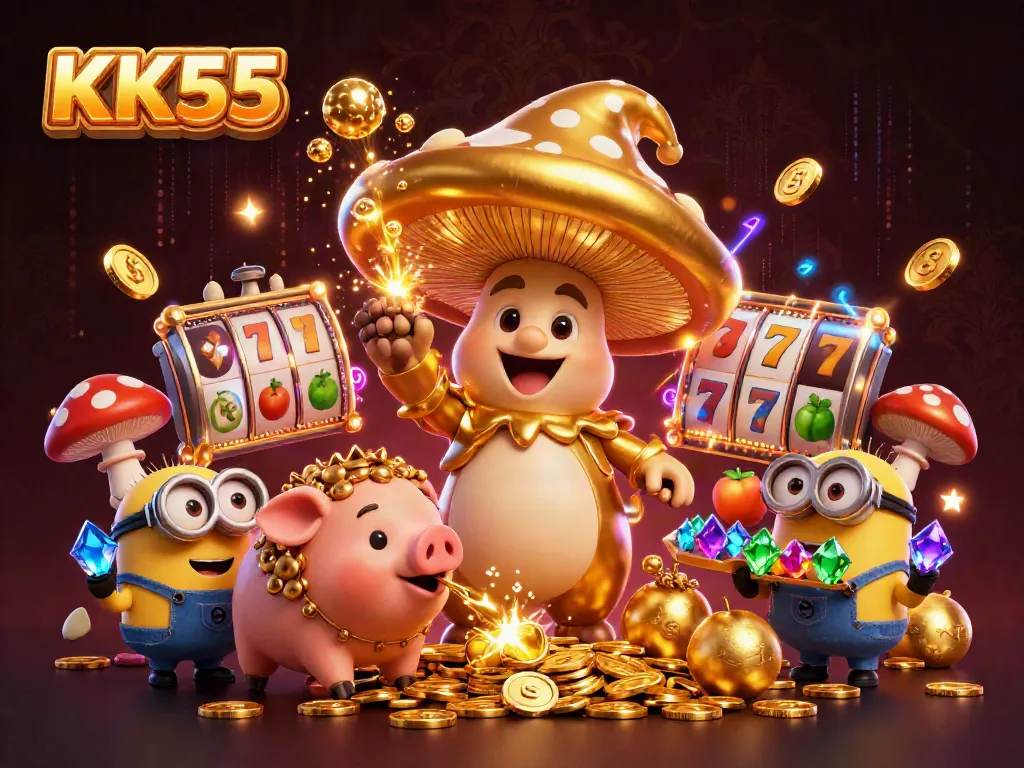 Witness KK55's magical realm with a golden mushroom wizard amidst winning slot reels