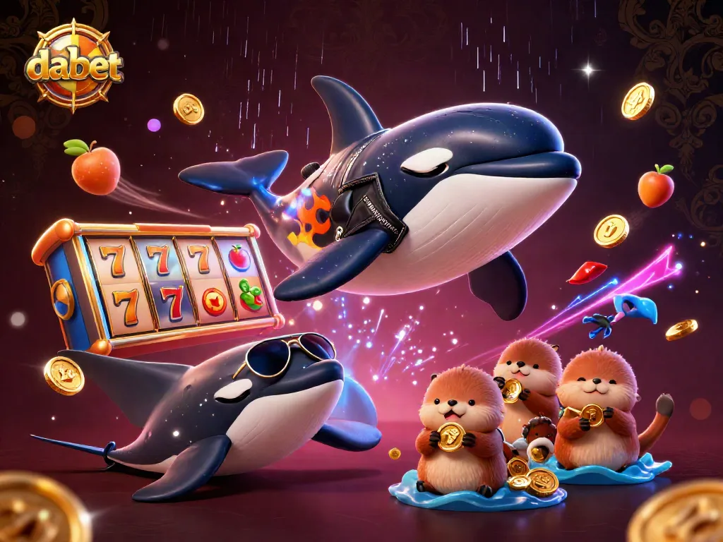 Dabet showcases an exciting casino scene with a dynamic orca and otters celebrating wins.