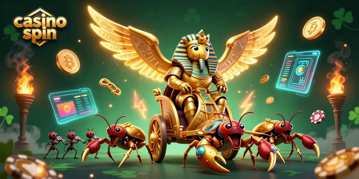 Engage in thrilling casino spin experiences with a golden scarab warrior and scorpions.