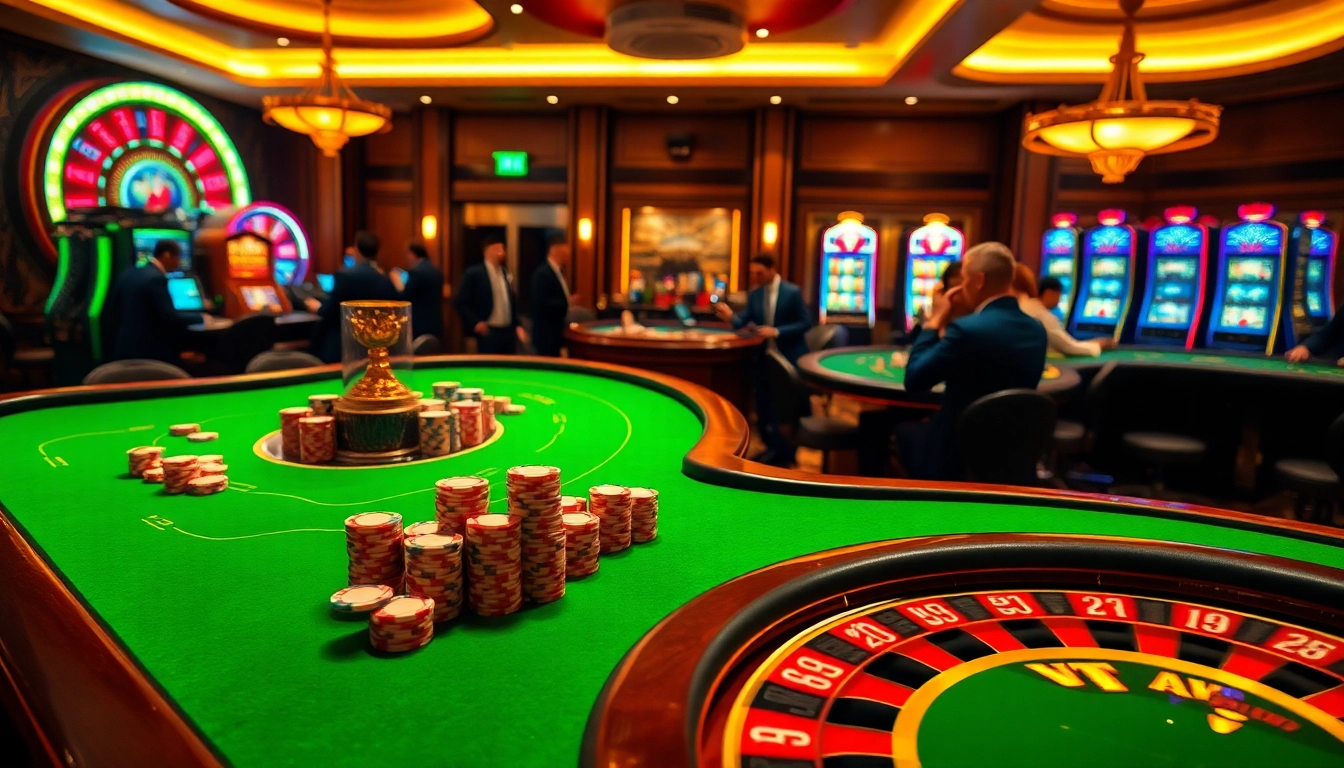 Exciting gameplay at 123ga casino tables with vibrant poker chips and a spinning roulette wheel.
