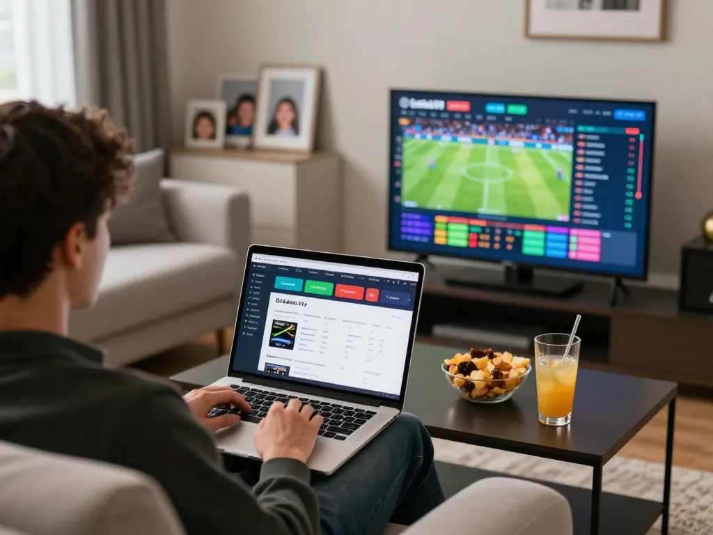 CakhiaTV user engaging in real-time sports betting, displaying excitement with laptop open and matches on screen