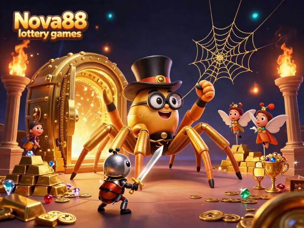 Experience the excitement of Nova88 lottery games with a vibrant 3D illustration of a golden tarantula and beetle knight.