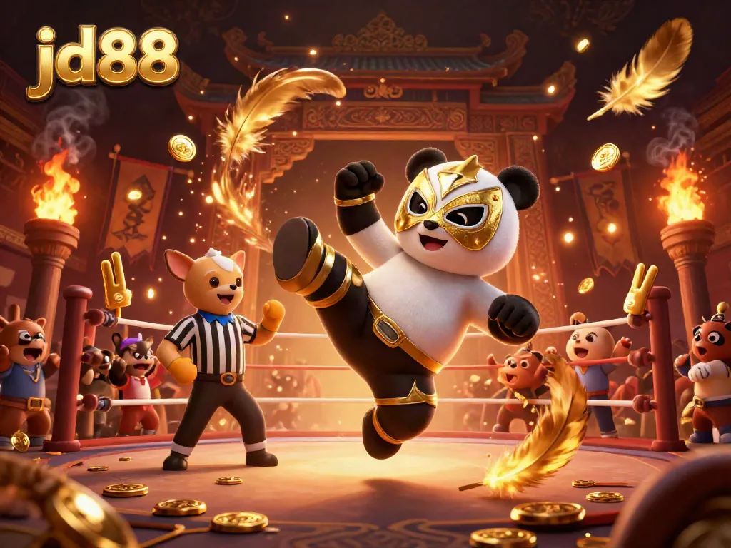 Watch the panda wrestler perform a flying kick at jd88's thrilling online casino arena.