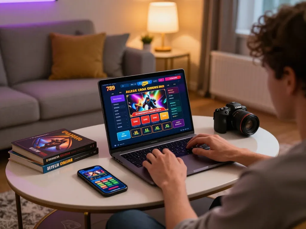 Engaged player interacting with the 789 online casino interface on a cozy living room setup while studying strategy notes.