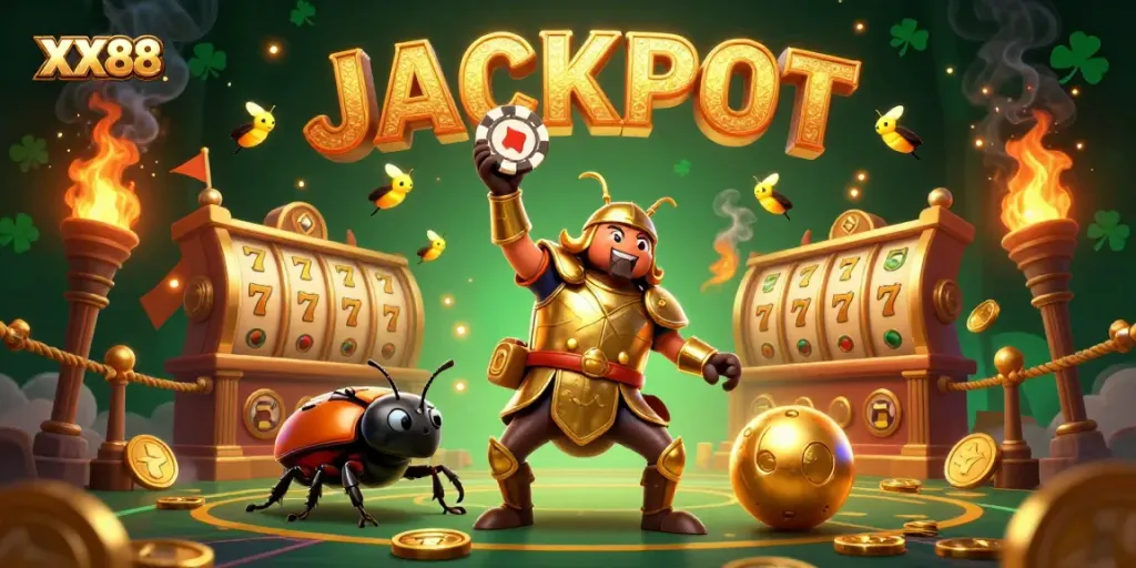 Engaging XX88 casino scene with a cartoon beetle celebrating a jackpot win surrounded by vibrant gaming elements.