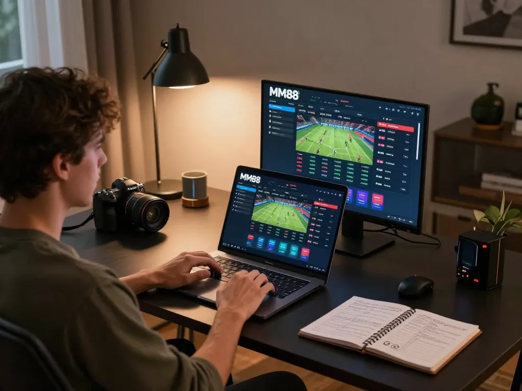 Engaging with MM88's online sports betting platform from a stylish home office setup, showcasing strategic interaction.