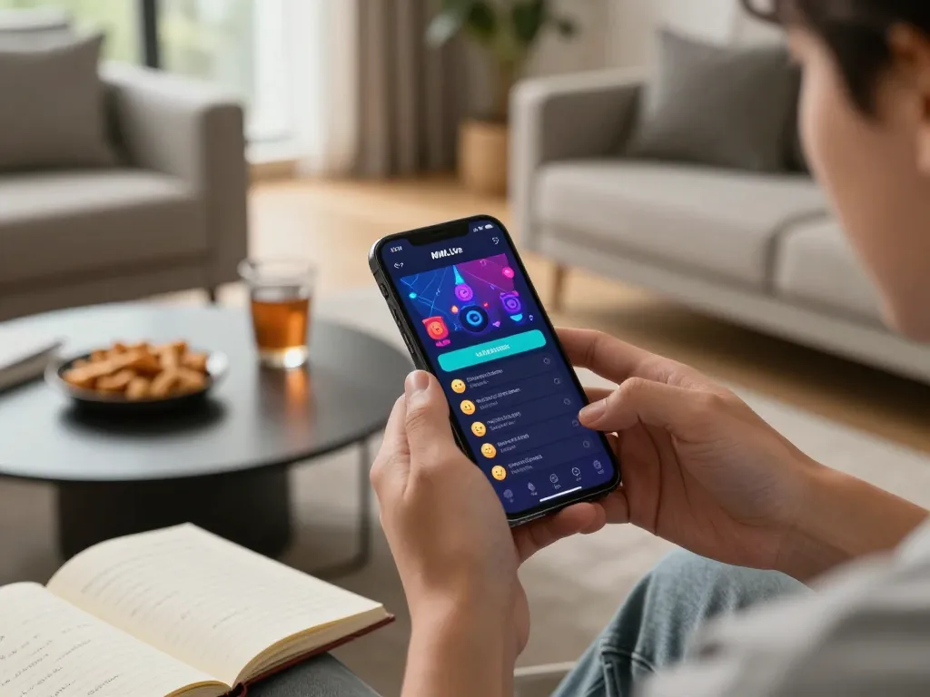 MMLive app user enjoying interactive gaming in a cozy modern living room.