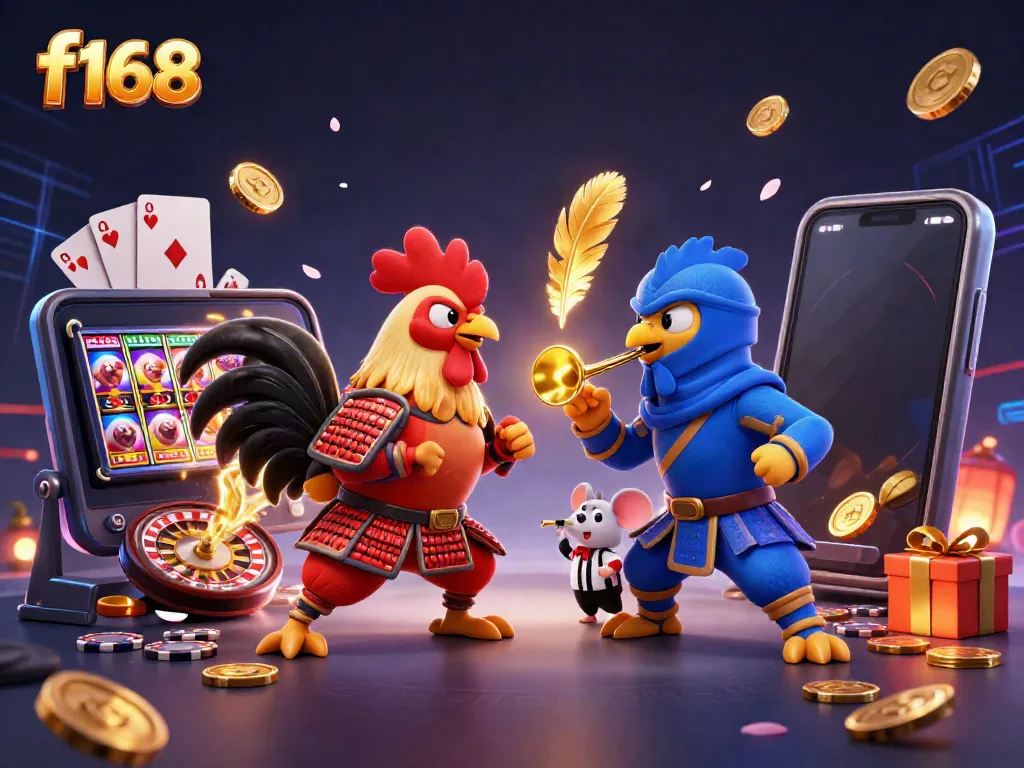 Experience the thrill of f168 with fighting roosters in an exciting gambling scene full of vibrant game elements.