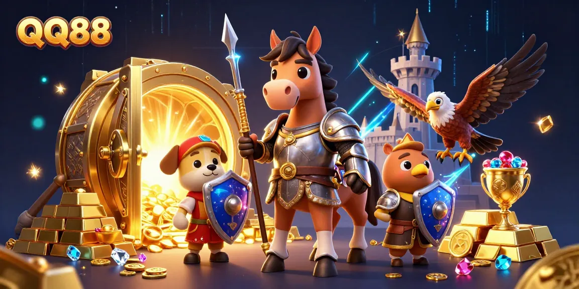 QQ88 knight wins big with treasures from a fantasy casino adventure in this vibrant digital illustration.
