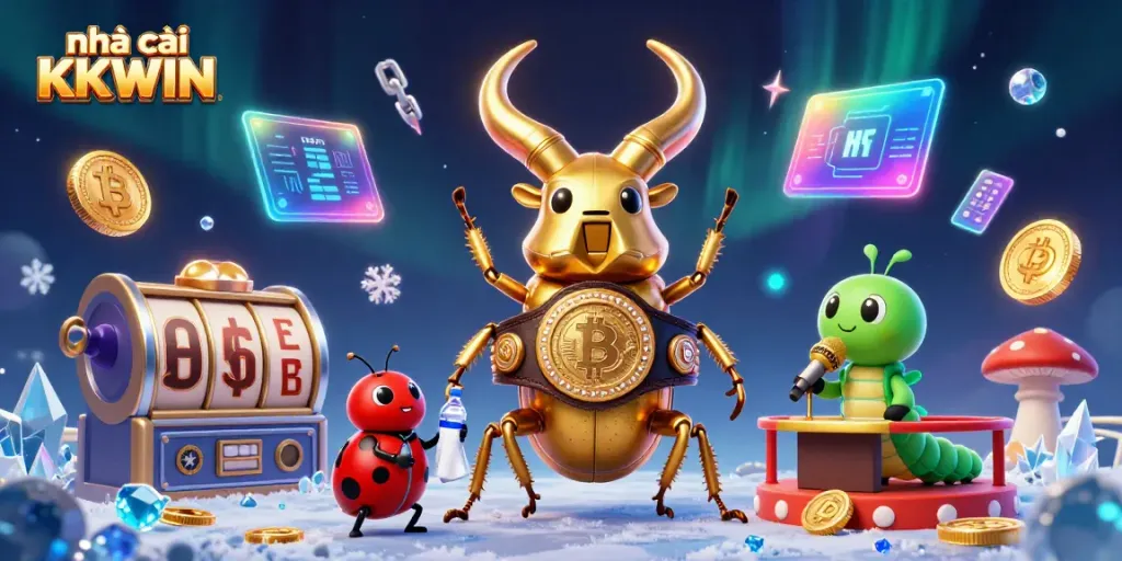 Engage in thrilling gaming with nhà cái KKWIN's vibrant 3D illustration of a champion beetle and dynamic casino elements.
