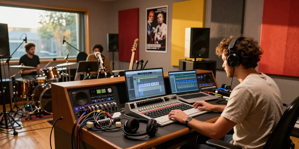 Engineer operating a Tascam DA88 in a vibrant recording studio, capturing the essence of music production.