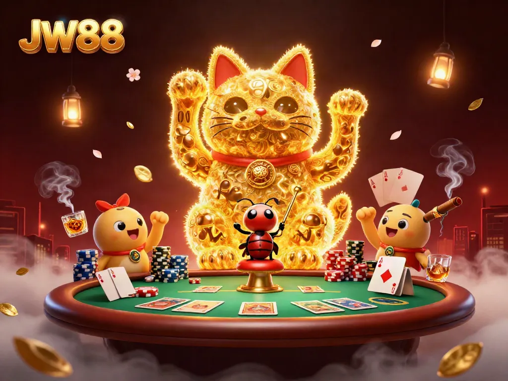 Experience the vibrant world of JW88 with a golden lucky cat made of fireflies surrounded by poker elements and a casino ambiance.