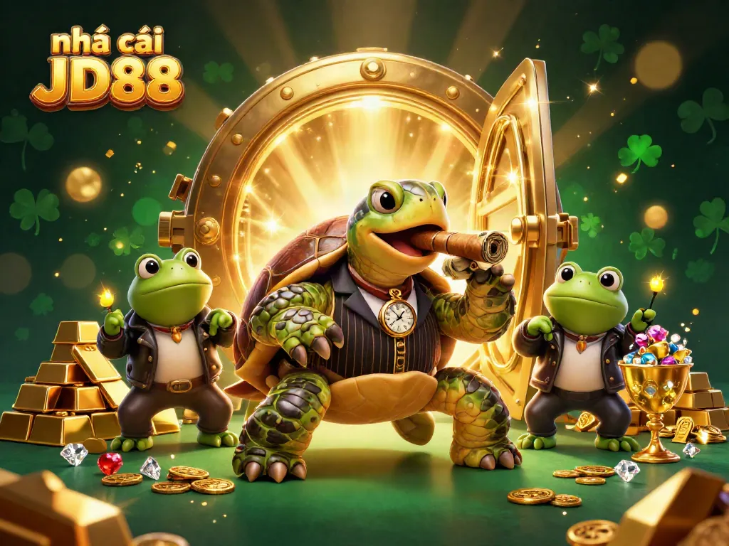 Experience the thrill of nhà cái JD88 with a vibrant casino scene featuring engaging cartoon characters and treasures.