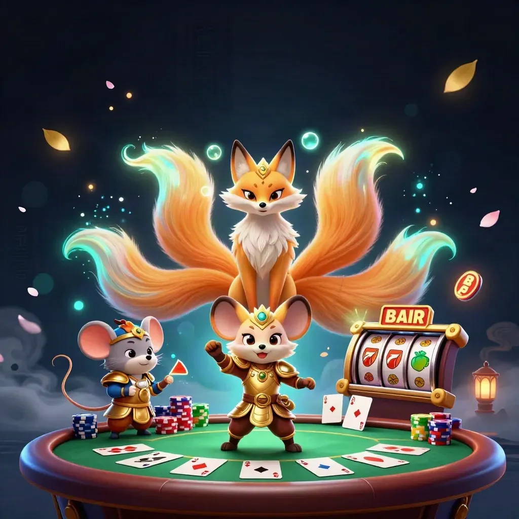 Neon fox spirit and samurai mouse amid poker cards, chips, reels, and casino magic