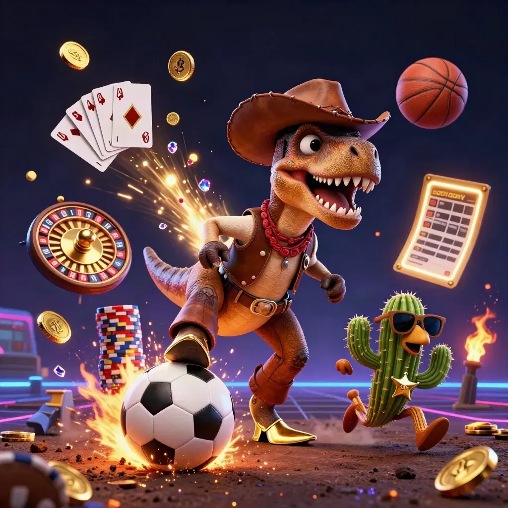 Cowboy T-Rex, cactus, and roadrunner explode through casino-sports action with coins and a soccer ball.