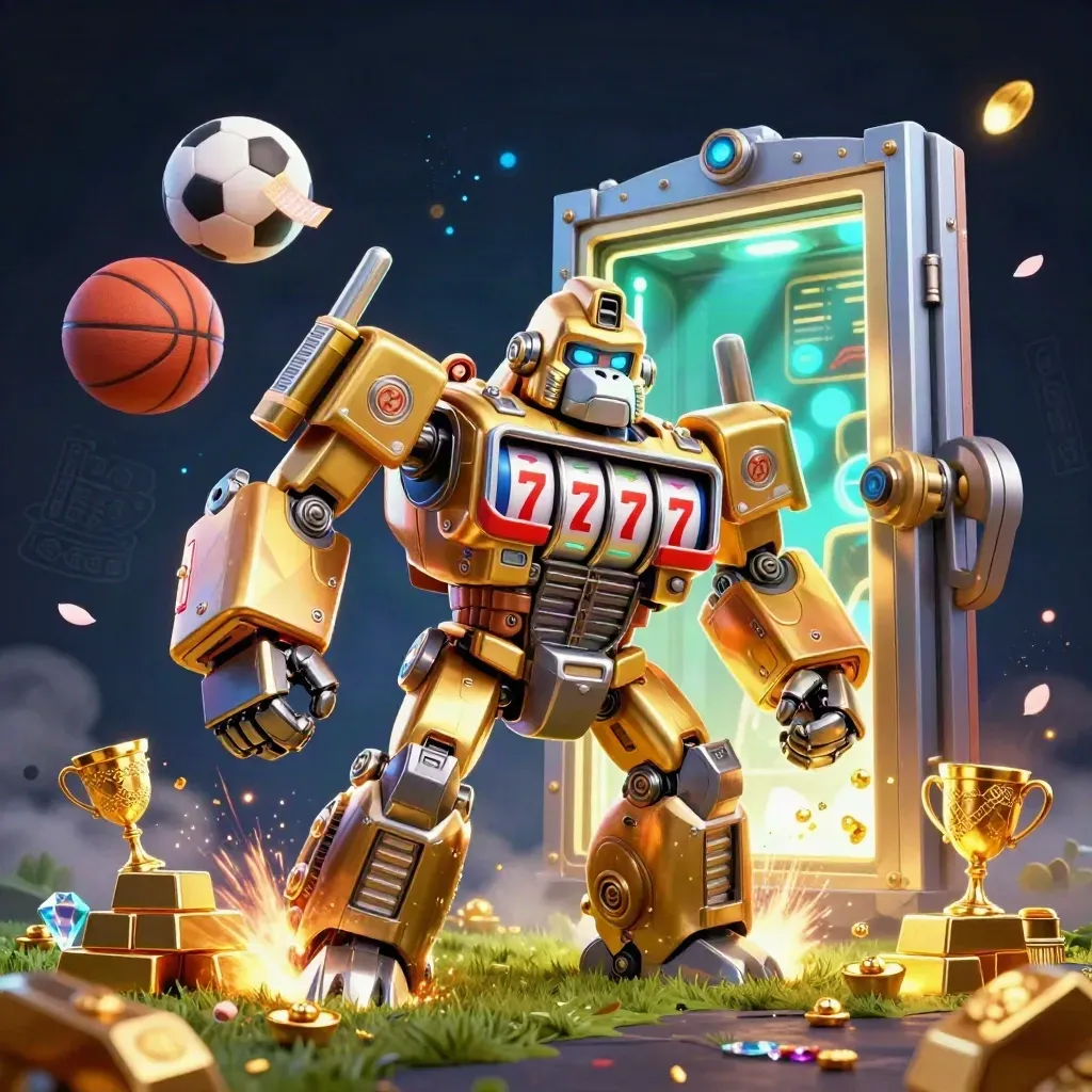 Golden gorilla slot-mech bursts amid treasure, balls, and neon casino light, low-angle and cinematic