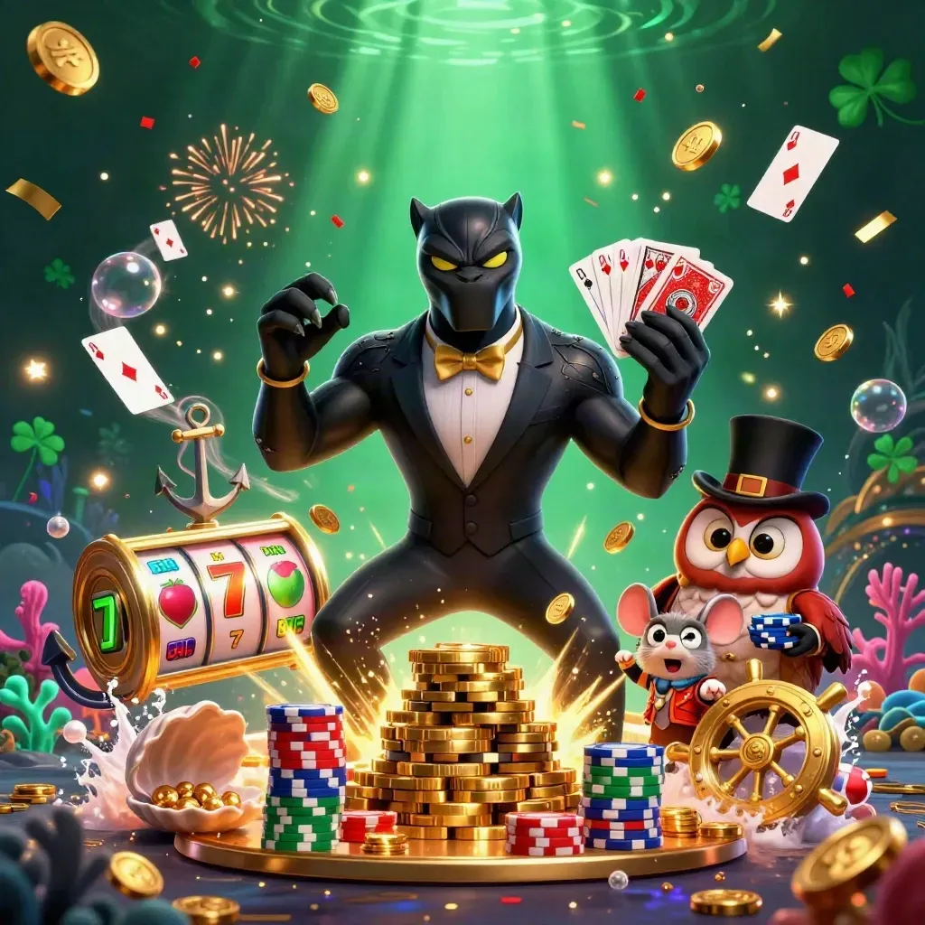 Panther, owl and mouse amid treasure, glowing coral, cards and casino magic in a dark emerald cove.