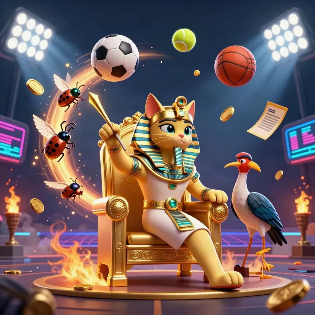 Pharaoh cat, ibis scribe, and scarabs amid flying sports balls, gold coins, and stadium beams.