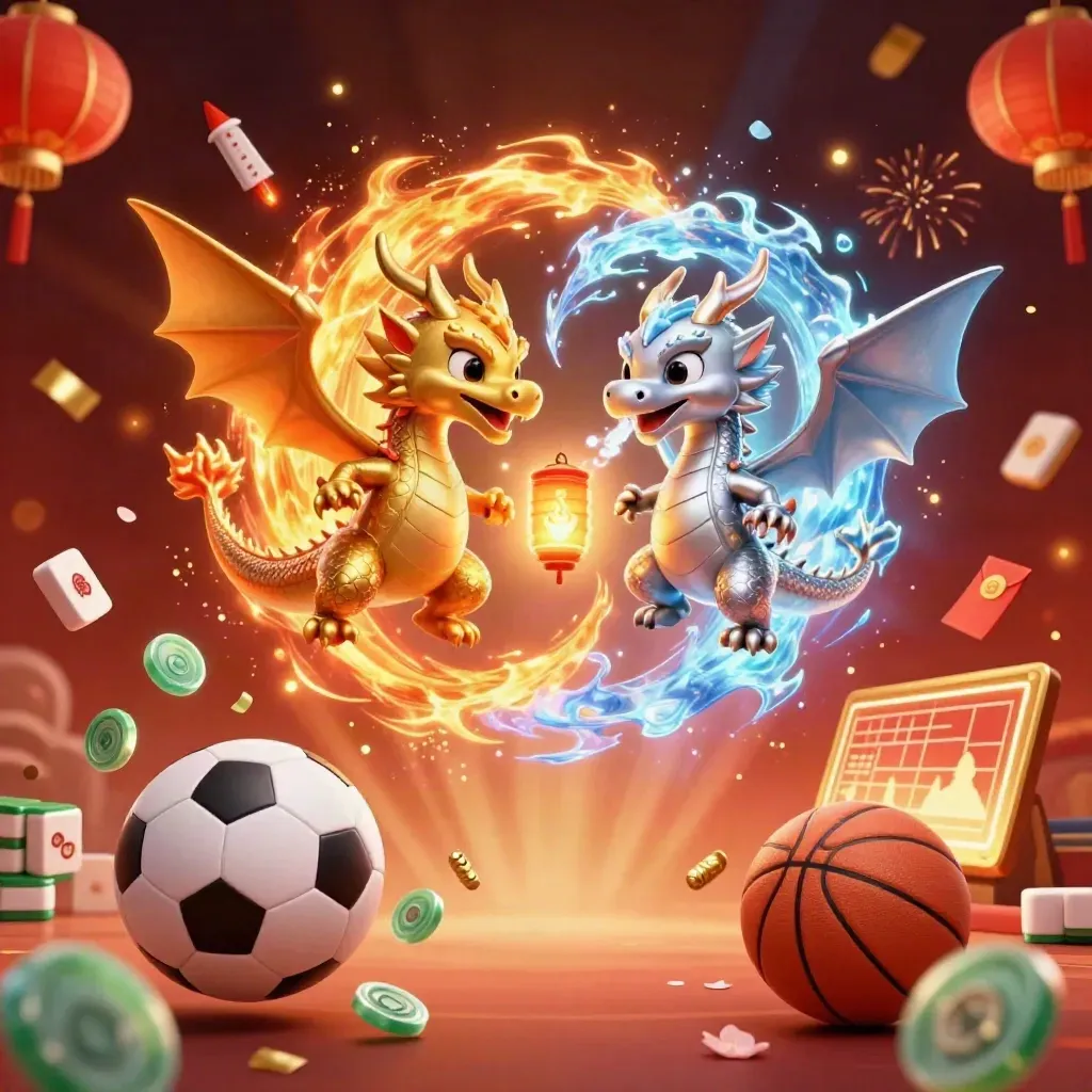 Gold and silver dragons clash in fire and ice over lucky casino charms in a crimson glow.