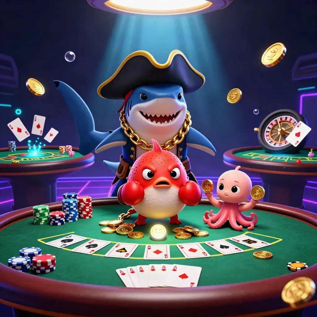 Pirate shark, boxing pufferfish, and coin-juggling octopus at a neon casino table