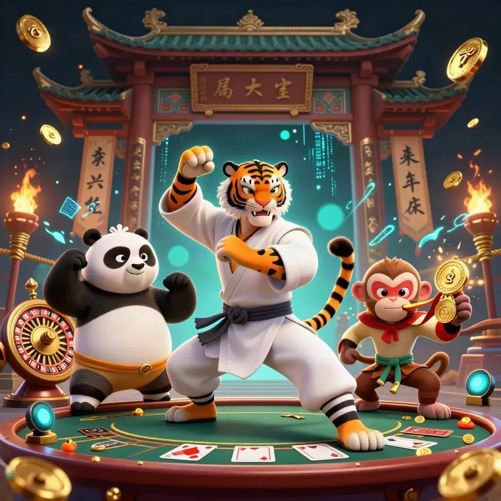 Kung-fu tiger, panda, and monkey amid casino glow, coins, temple gate, and neon energy.