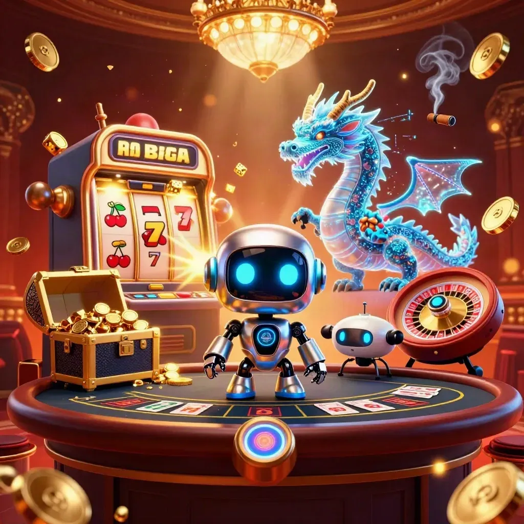 Cyberpunk robot, holographic dragon, drone, slot burst, roulette, cards, gold glow in a luxe casino room.