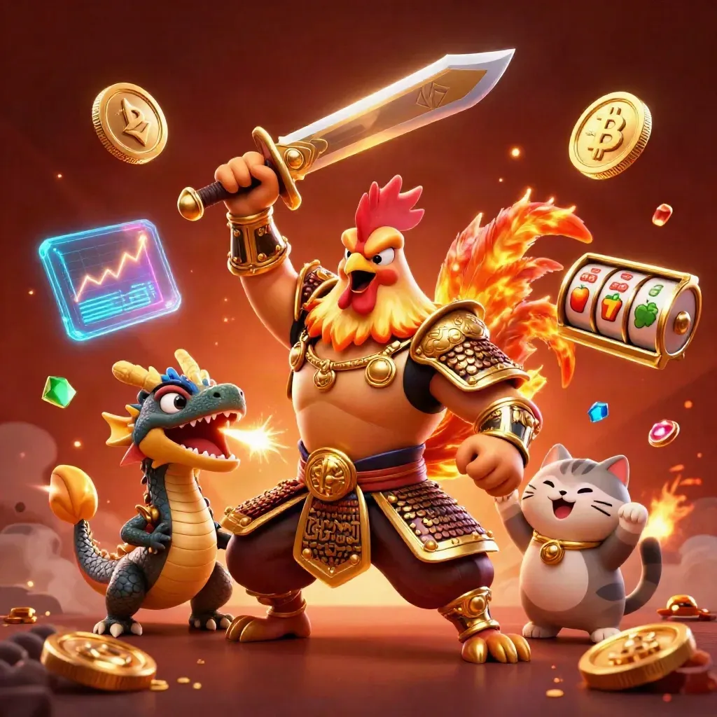 Rooster warrior, dragon hatchling, and fortune-cat amid casino coins, sparks, and glowing slot symbols.