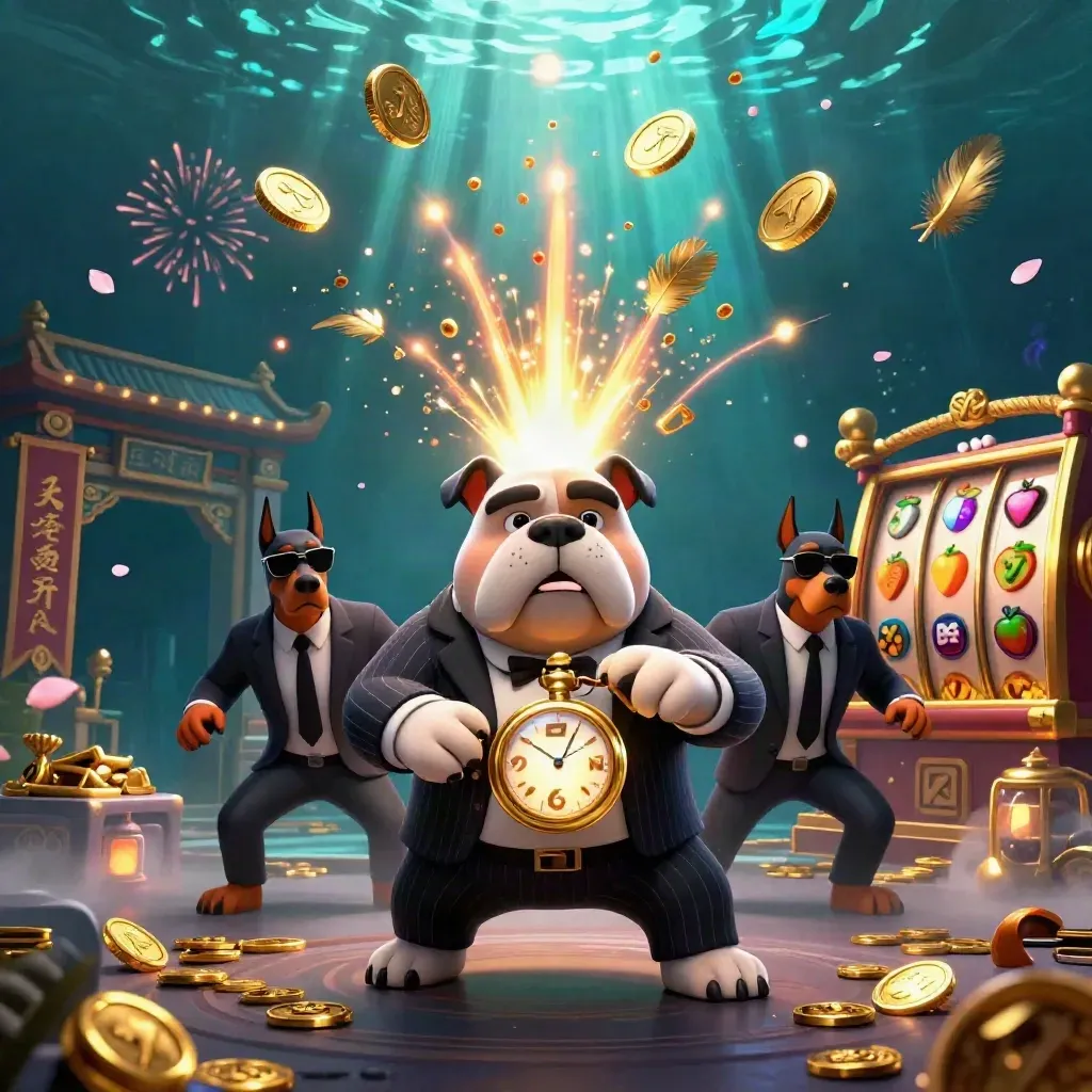 Bulldog mob boss with two Dobermans amid coins, temple gate, reels, and fireworks.