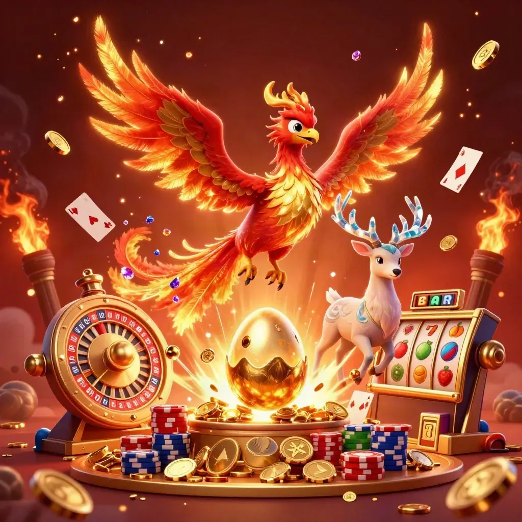 Phoenix, baby phoenix, stag, coins, roulette wheel and slot reels exploding in casino glow.