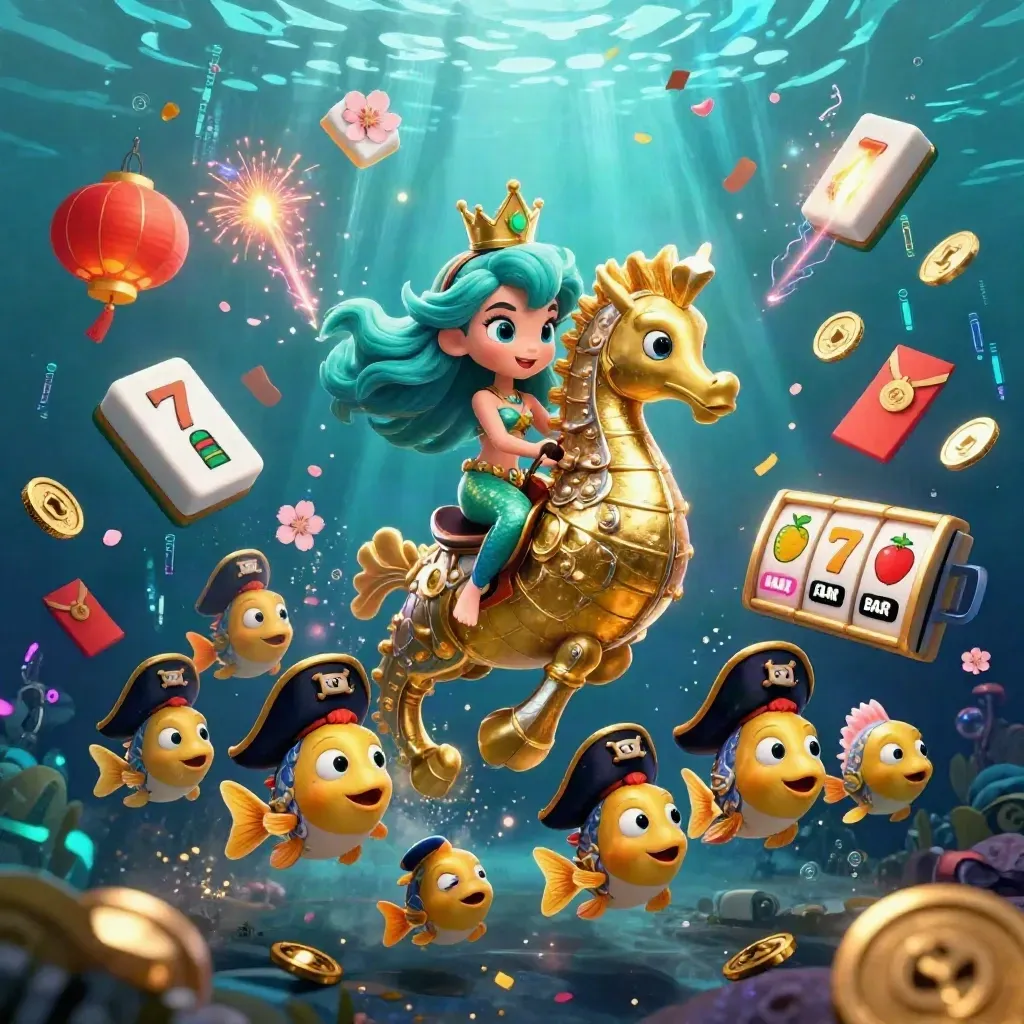 Mermaid princess on armored seahorse amid pirate fish, coins, lanterns and neon casino bursts underwater