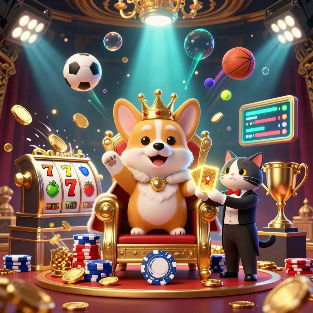 Royal corgi and cat butler amid coins, reels, sports balls, trophy, and neon casino glow.