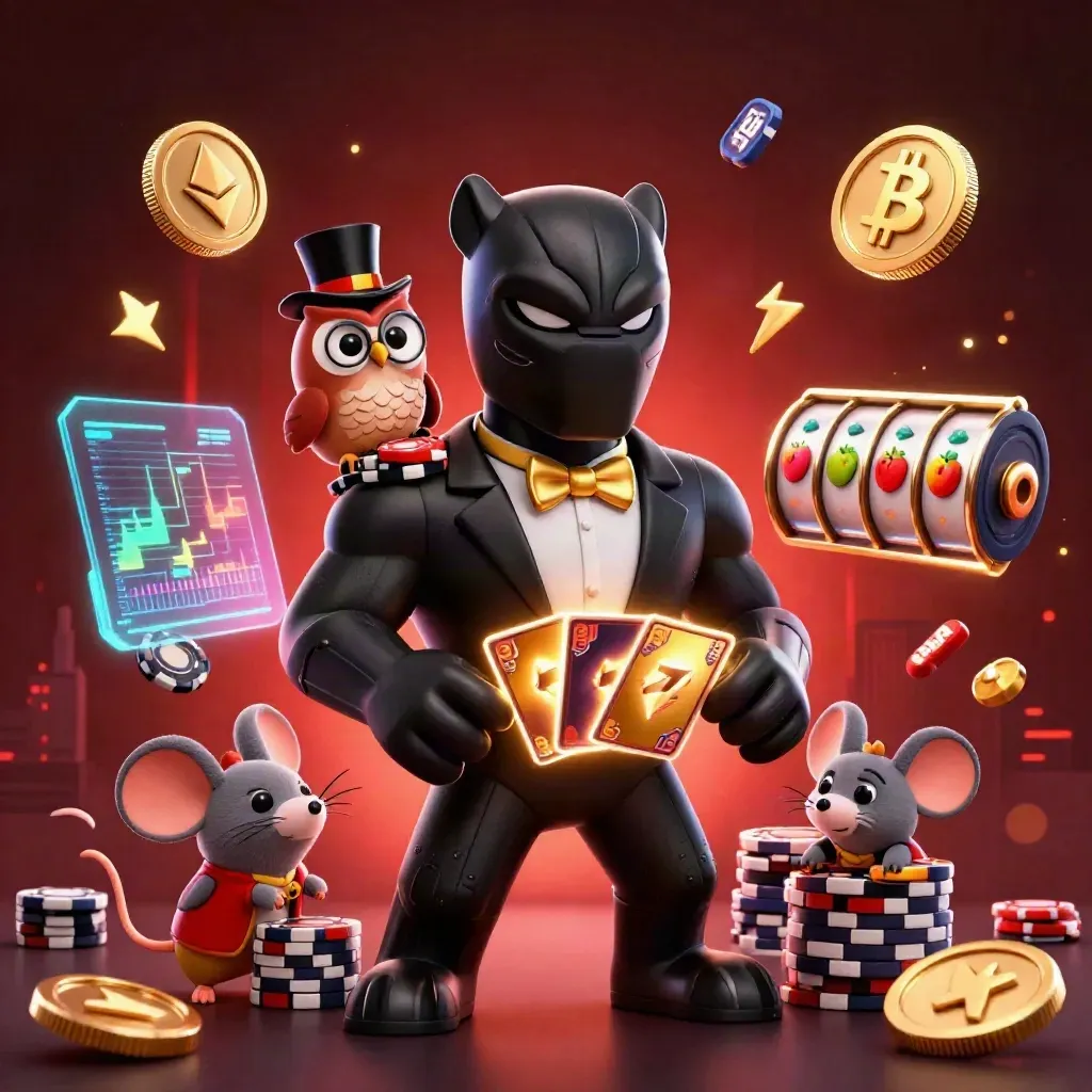 Black panther, owl, and mouse amid neon coins, reels, sparks, and a dark red skyline.