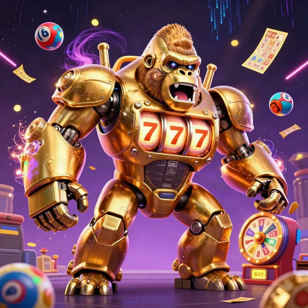 Golden gorilla slot mech with tiny monkey pilot, reels, lottery balls, bingo card, and neon casino effects.