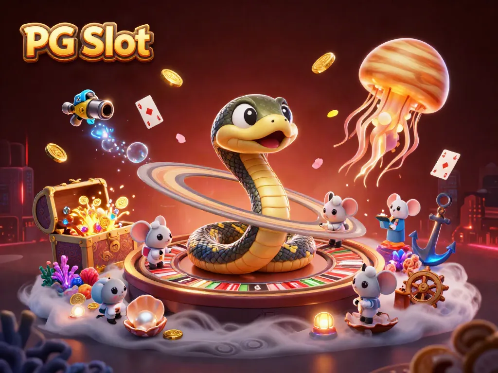 Engage with PG Slot featuring vibrant 3D casino elements and animated characters.