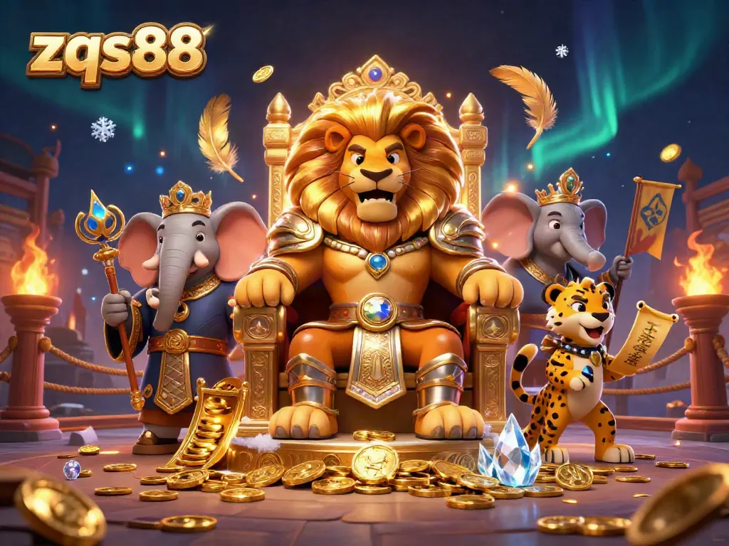 Win big with zqs88 in this vibrant casino scene featuring a lion king on a gold throne.
