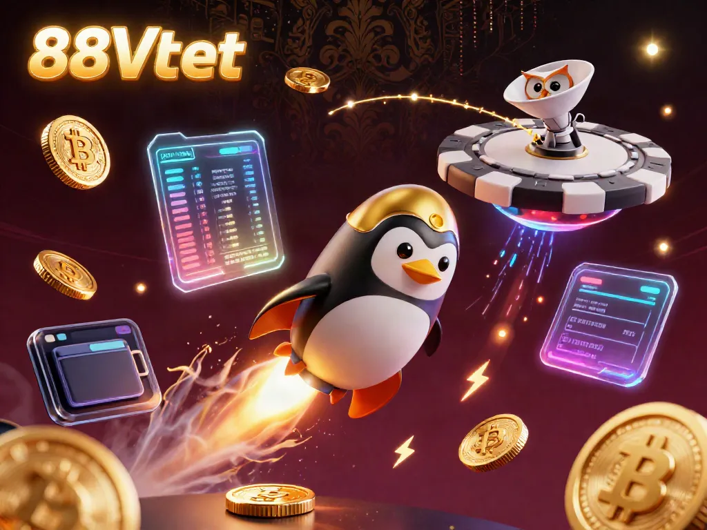 Engage in thrilling gaming with 88Vbet, witness a dynamic scene of a golden penguin racing through a cosmic casino.