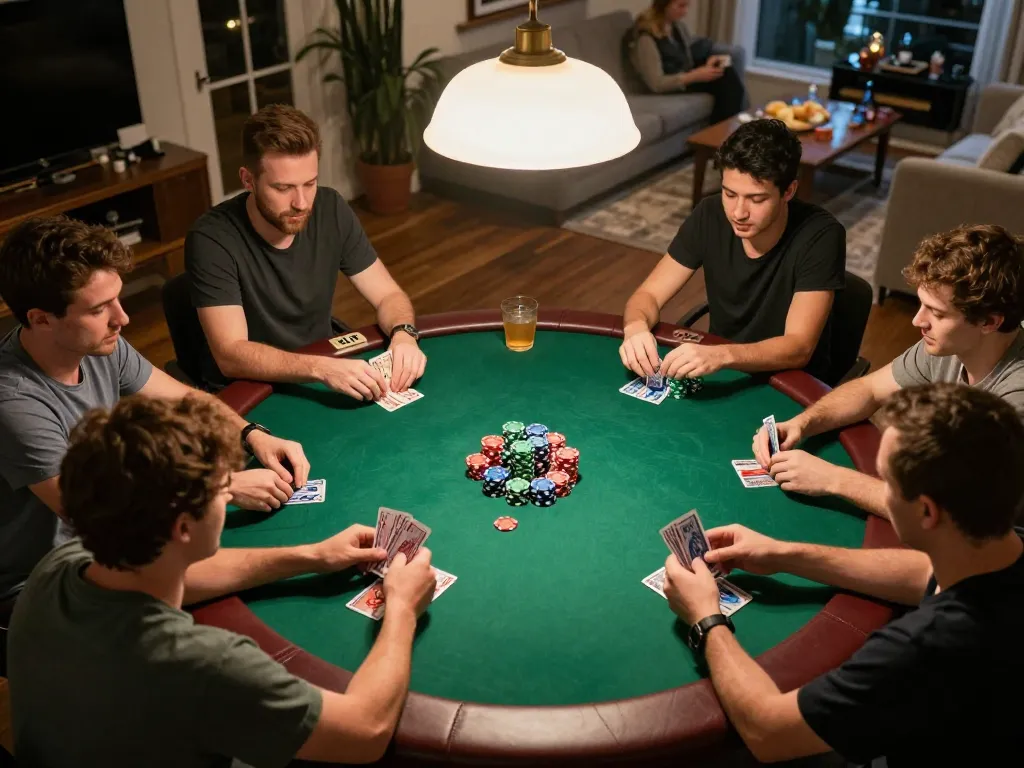 Experience fun79 top action at an engaging home poker game night with friends, lively atmosphere, and competitive spirit.