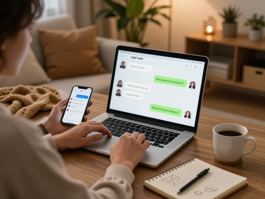 Engaging in AI NSFW chat on a laptop in a cozy home office with warm lighting.