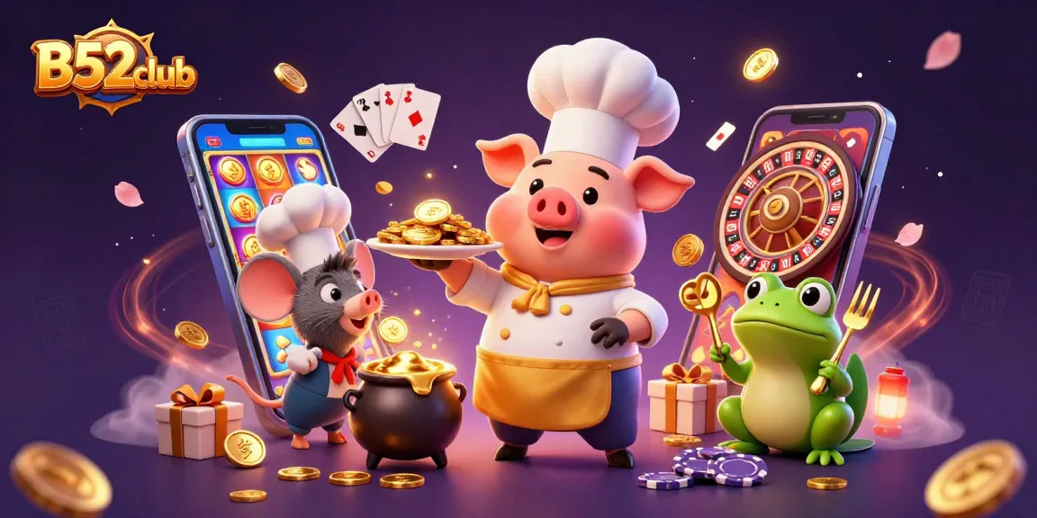 B52club serves gold coins as gourmet delights in a vibrant casino scene filled with games and excitement.