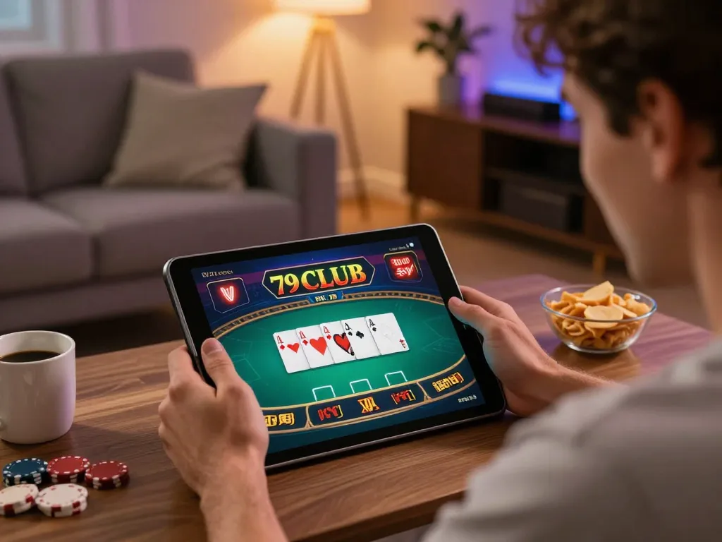 Player enjoying online gaming at 79club with tablet in a cozy setting.