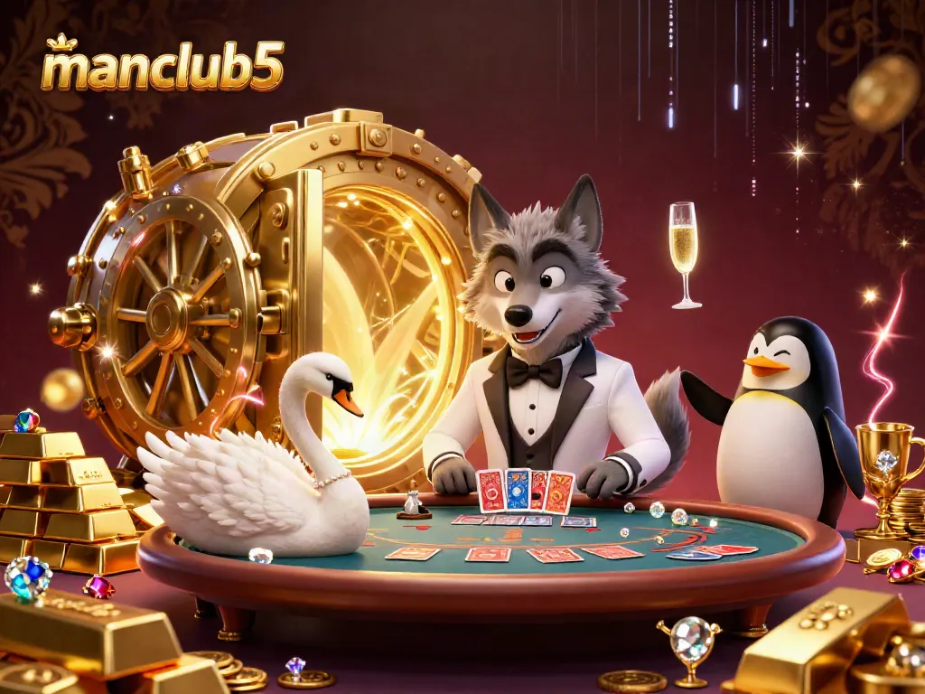 Experience luxury gaming at manclub5 with a debonair wolf and elegant characters at a baccarat table.