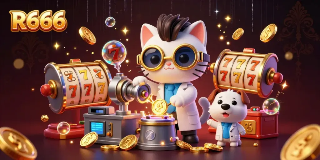 Join the excitement with R666 slots, featuring a mad scientist cat and a dog assistant in a vibrant casino lab.