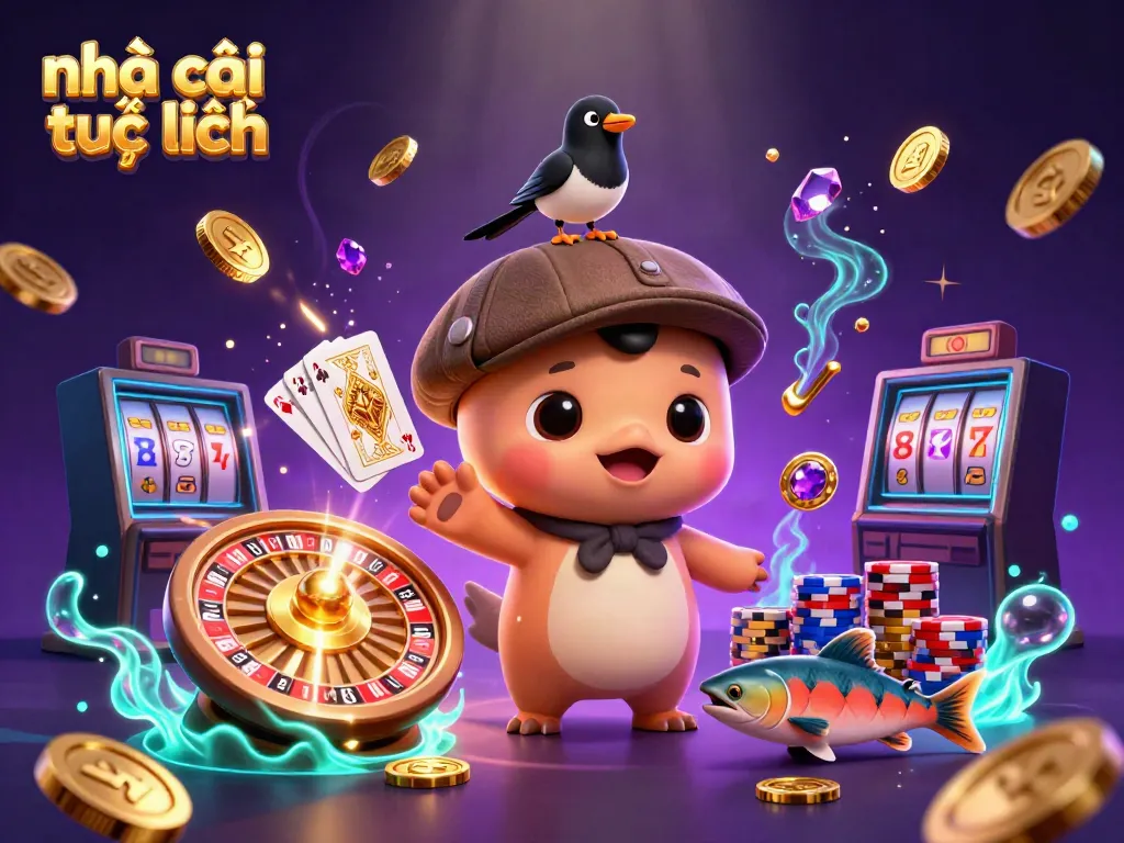 Engage with the vibrant world of nhà cái trực tuyến, featuring lively characters, golden coins, and classic casino elements.