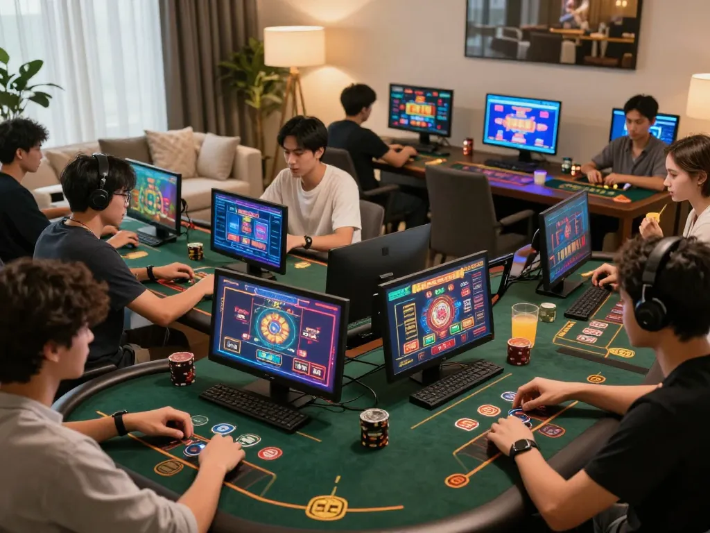 Online gaming scene showcasing players at mm88com, excitedly engaged in various casino games.