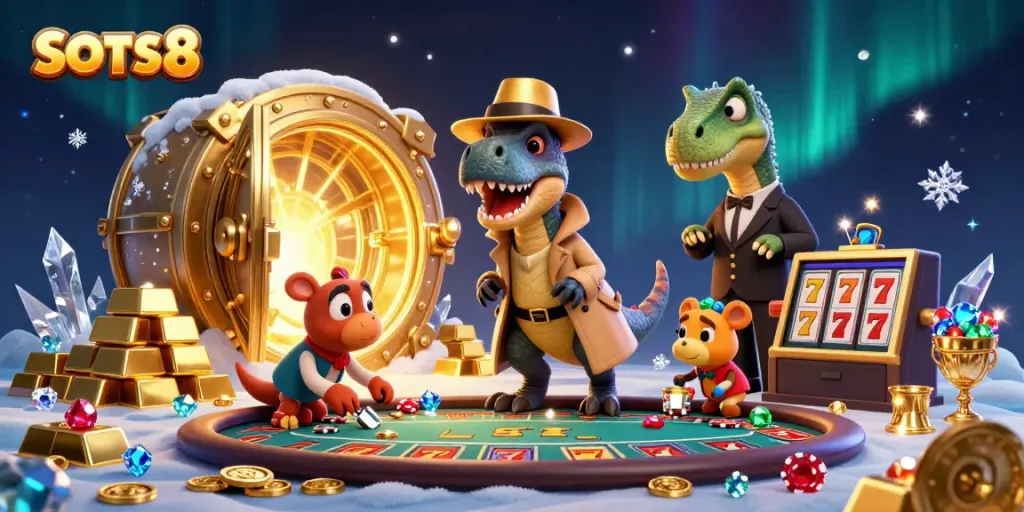Experience the thrilling SLOTS8 scene with a velociraptor card counter amidst treasures at a blackjack table.